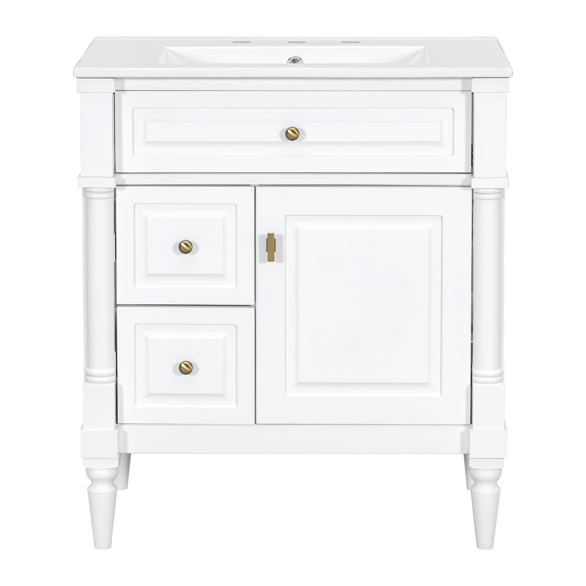 VanityFus 30-in Bathroom Vanity White Single Sink Combo with Ceramic Top 1 Door 3 Drawers Adjustable Shelves